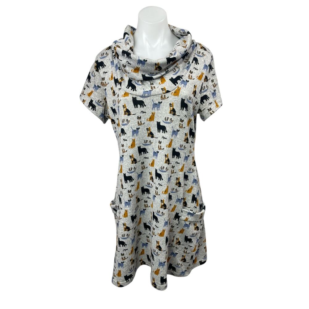 L.A. Soul Gray Animal Print Short Sleeve Cowl Neck Mini Tunic Shift Dress Sz XL - Picture 1 of 4